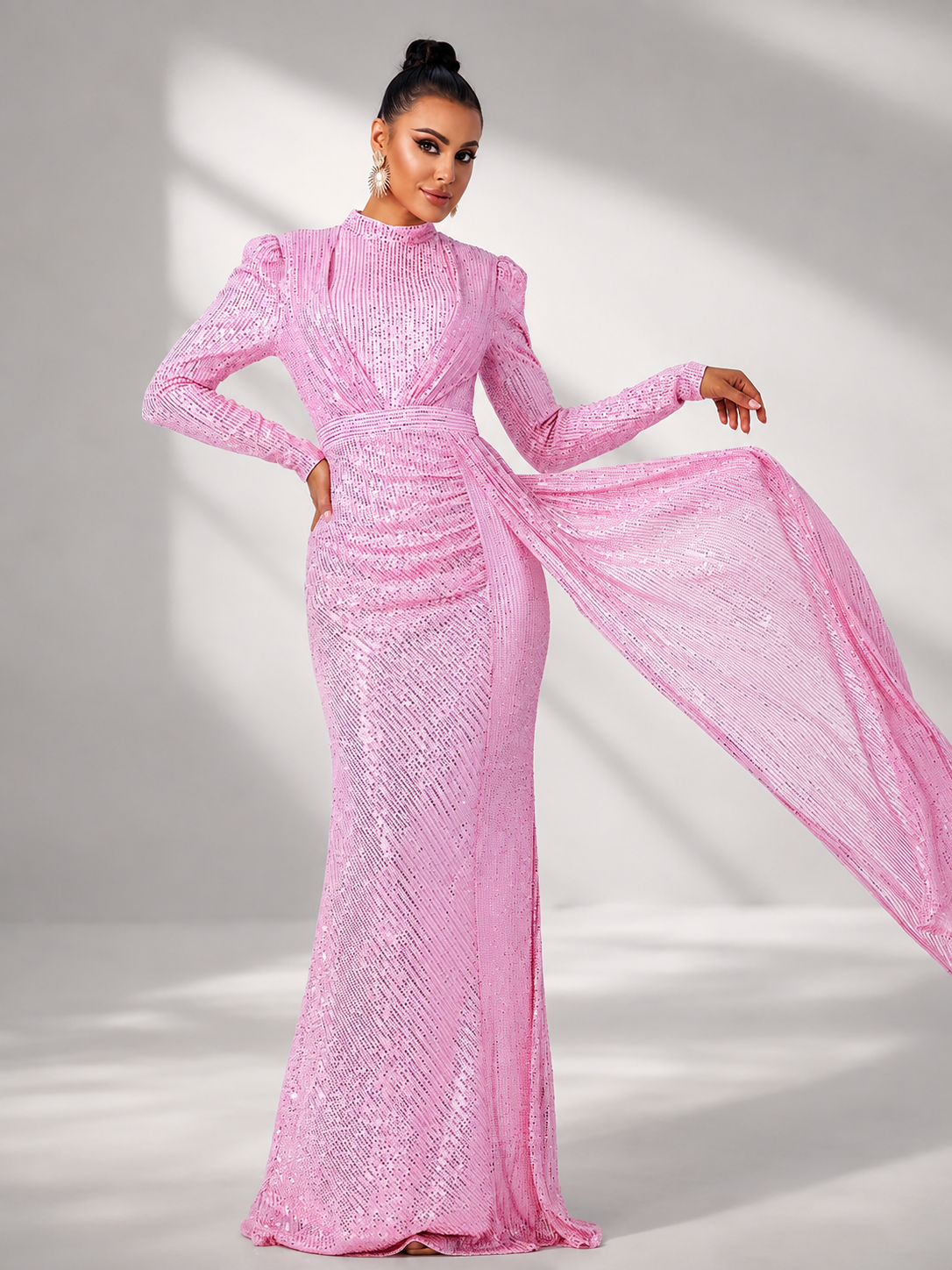 High Neck Long Sleeve Draped Sequin Maxi Evening Dress RJ11834