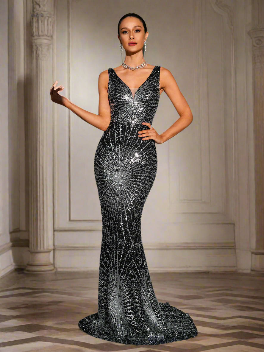 V-neck Mermaid Sequin Evening Dress RJ11510