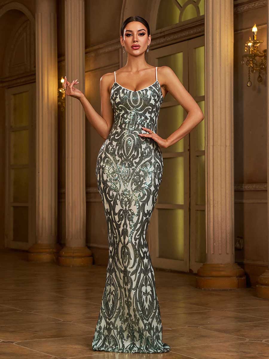 Spaghetti V-neck Sequin Mermaid Cocktail Dress M0808