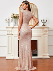 V Neck Cap Sleeve Sequin Floor Length Gold Evening Dress XH1929