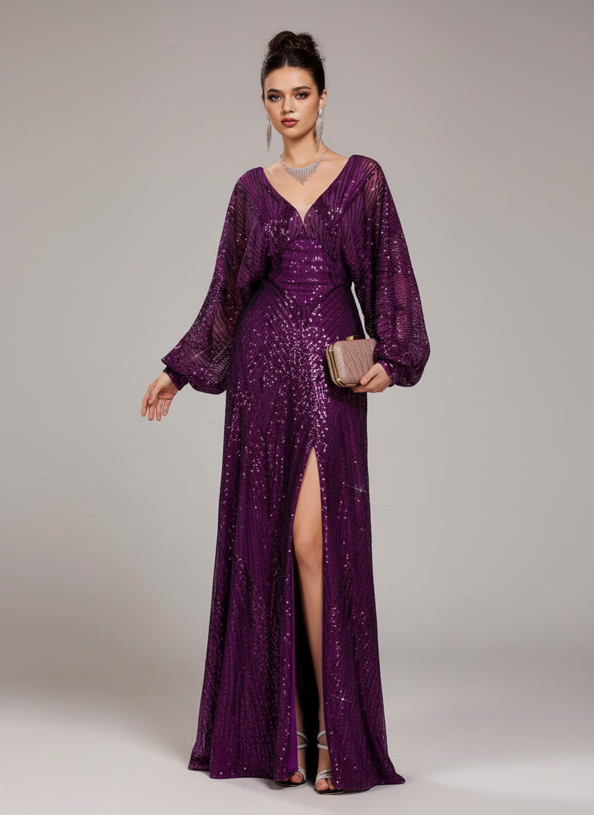 Purple Sequin Loose V-neck Prom Dress MES72183