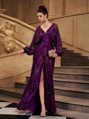 Purple Sequin Loose V-neck Prom Dress MES72183