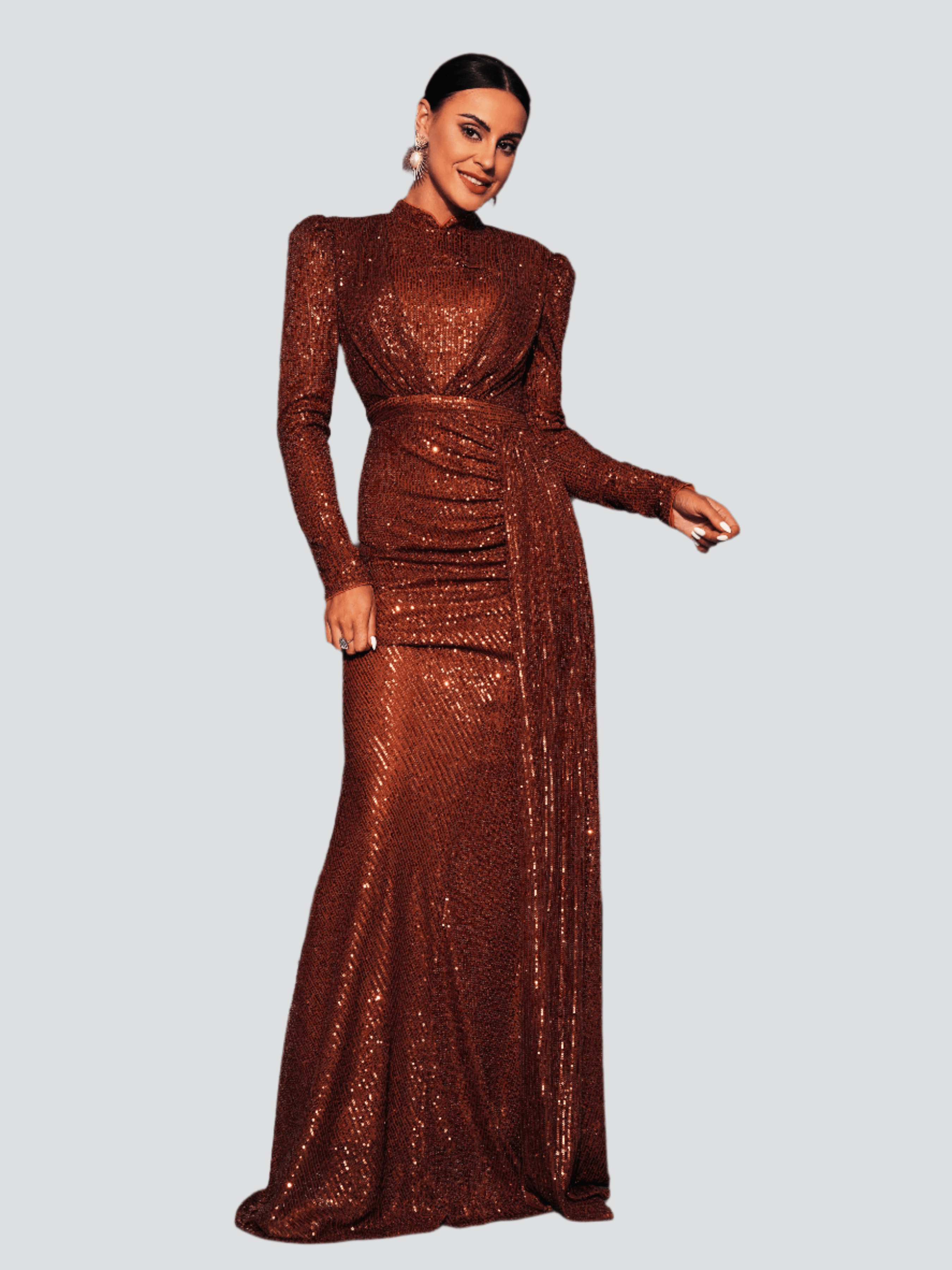 High Neck Long Sleeve Draped Sequin Maxi Evening Dress RJ11834