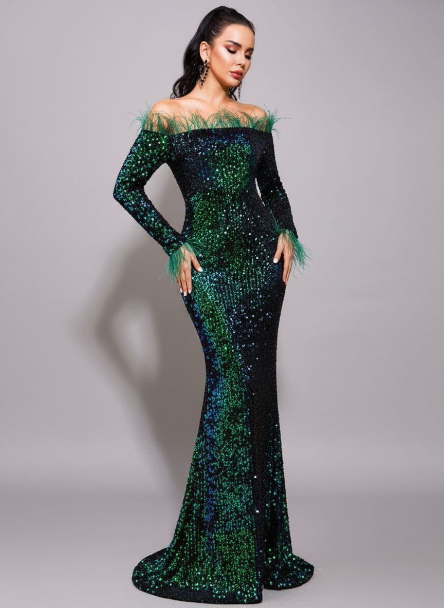 Off Shoulder Feather Sequin Evening Dress FT19005