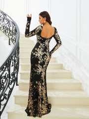 Open Back Long Sleeve Mermaid Black Dress RM20850