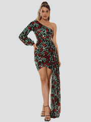 Floral One Shoulder Draped Mini Dress XJ1387