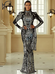 Stand Collar Long Sleeve Mermaid Sequin Prom Dress XJ1262