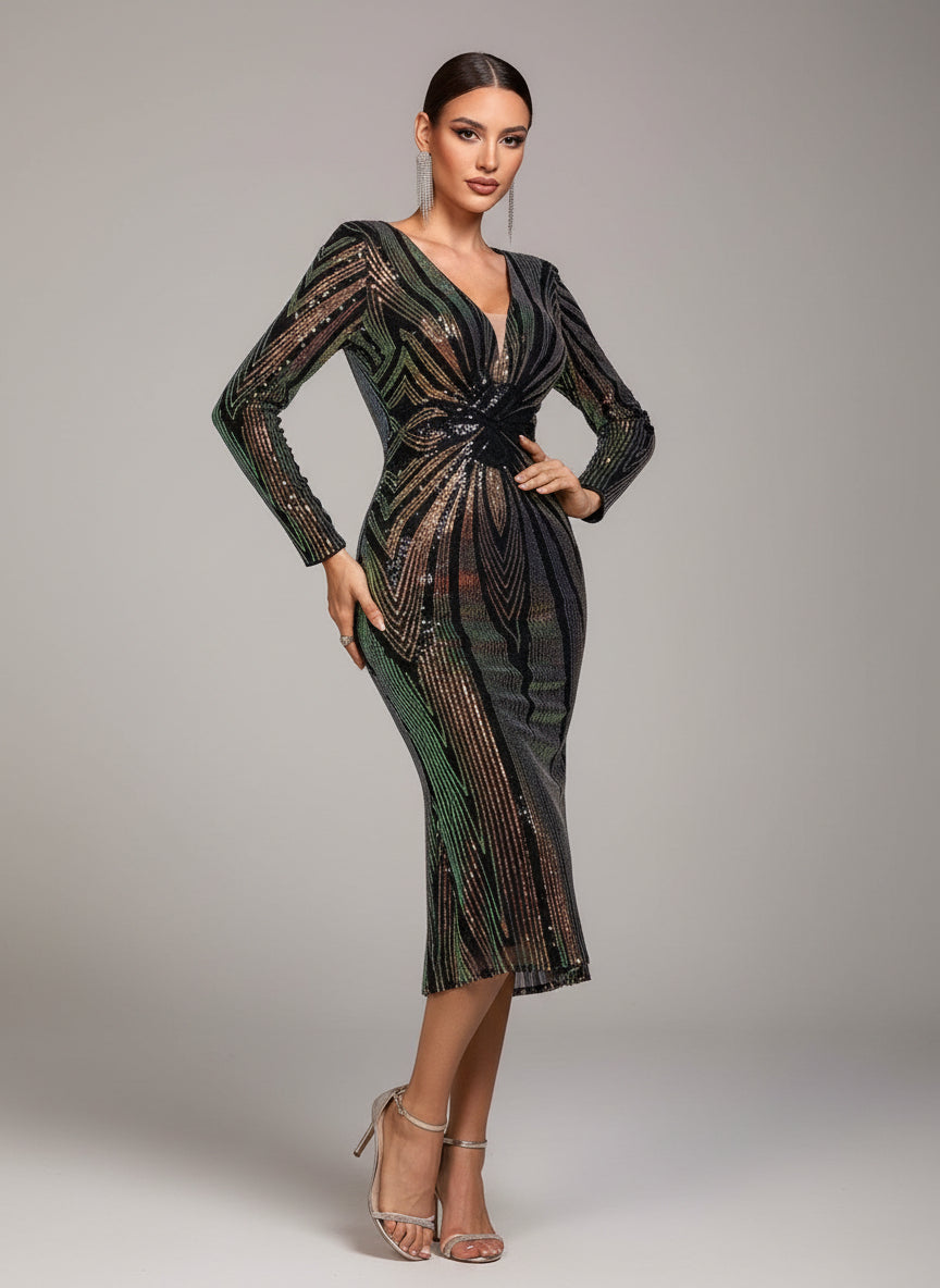 Plunging V-Neck Long Sleeve Sequin Bodycon Midi Dress GM01075