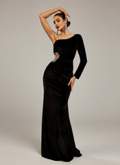 Cut Out Asymmetrical Black Velvet Formal Dress XH2404