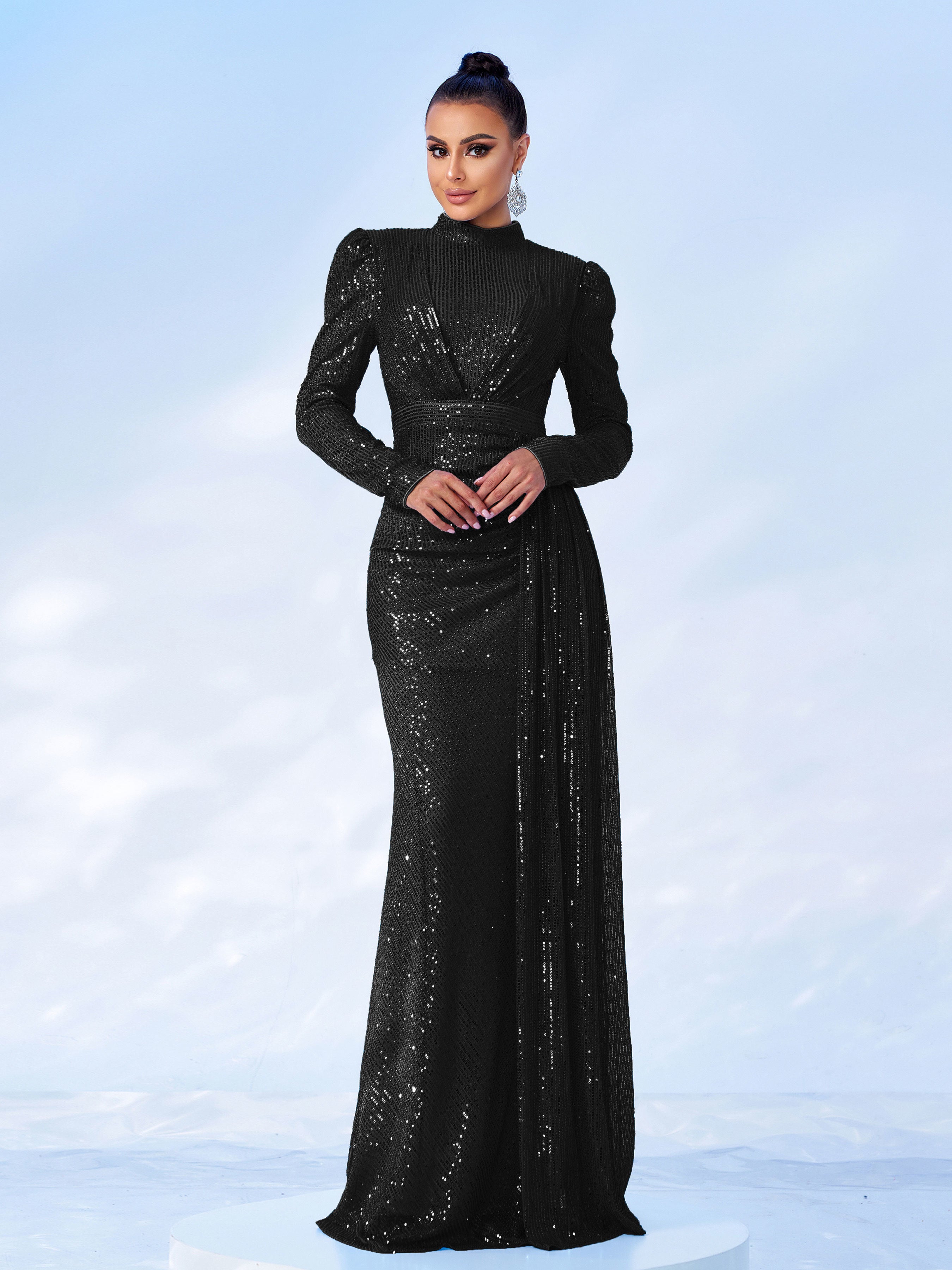High Neck Long Sleeve Draped Sequin Maxi Evening Dress RJ11834