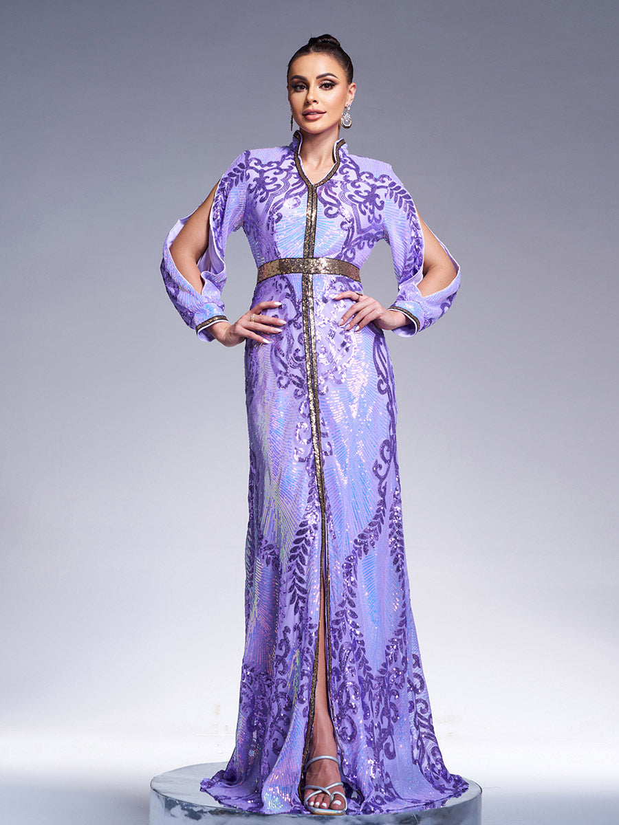 Stand Collar Cutout Sleeve Sequin Abaya Maxi Dress ME00330