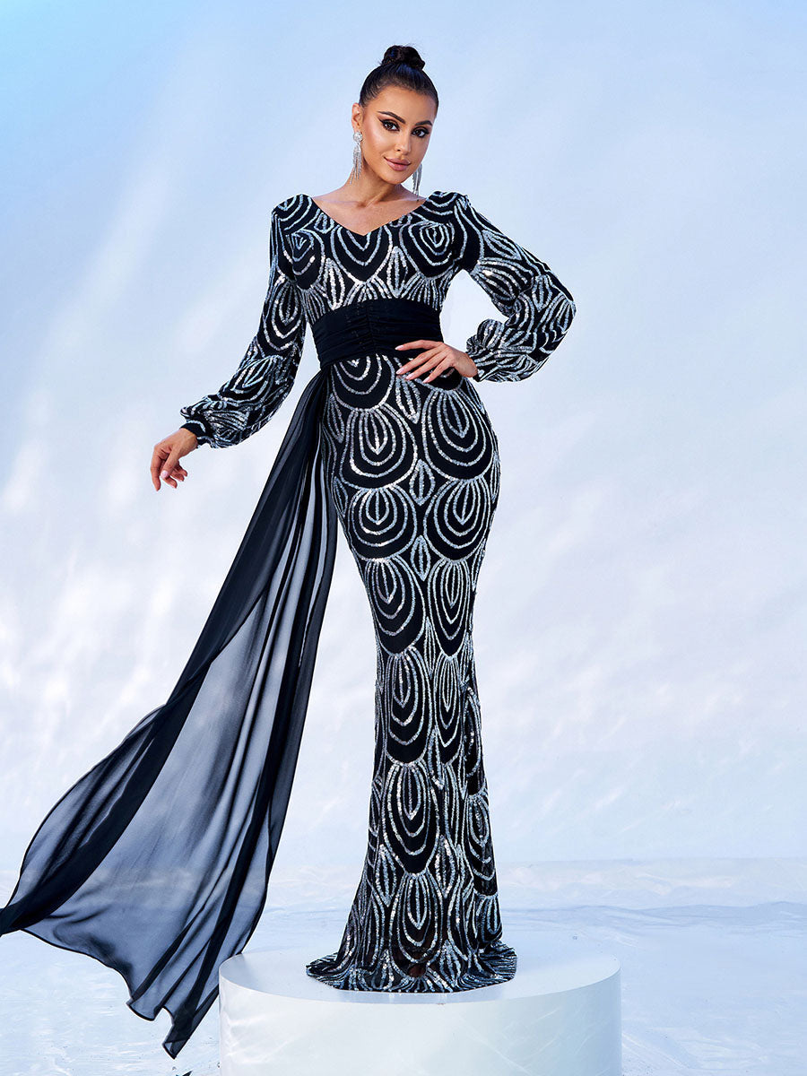 V-Neck Long Sleeve Draped Sequin Mermaid Prom Dress XJ1524