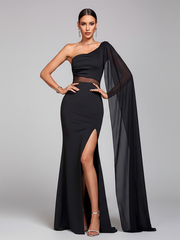 Elegant One Shoulder Hollow High Slit Black Prom Dress GM90181
