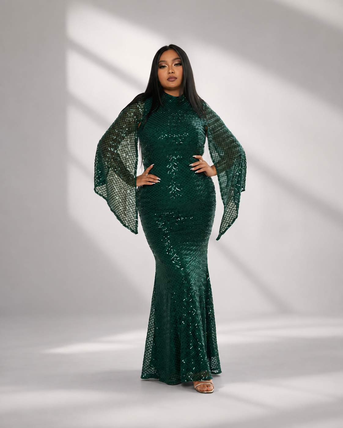 High Neck Sequin Bell Sleeve Mermaid Evening Dress XJ1263