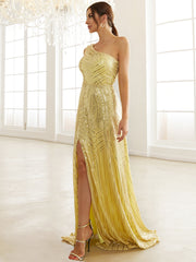 Yellow Sequin One Shoulder Prom Dress XJ1534