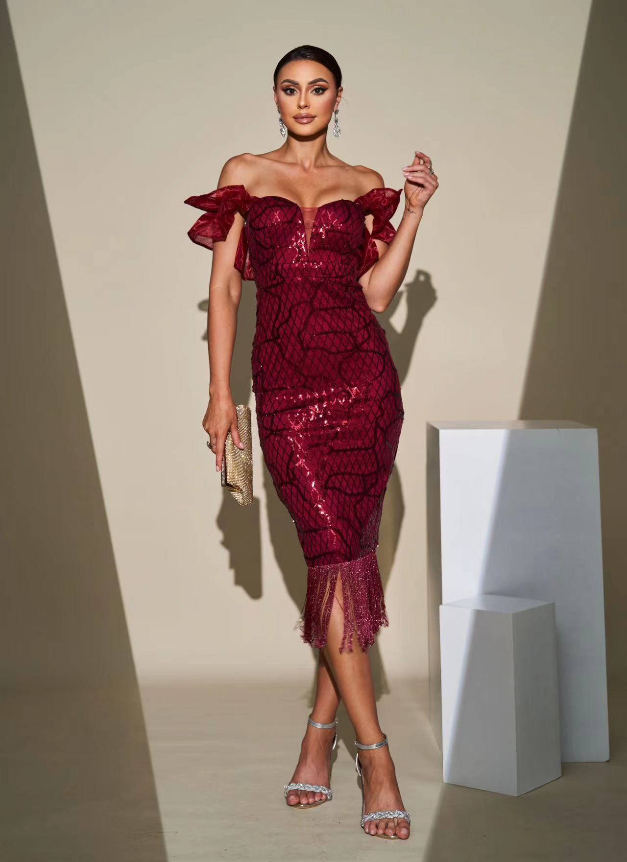 Off Shoulder Sequin Midi Cocktail Dress XJ1259