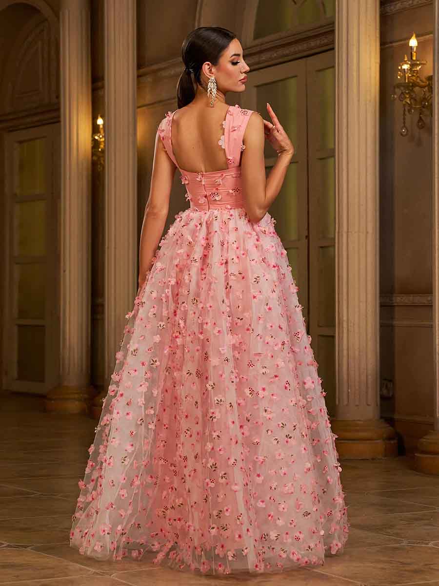 Appliqued Pink Camisole Floral Tulle Dress GM00142