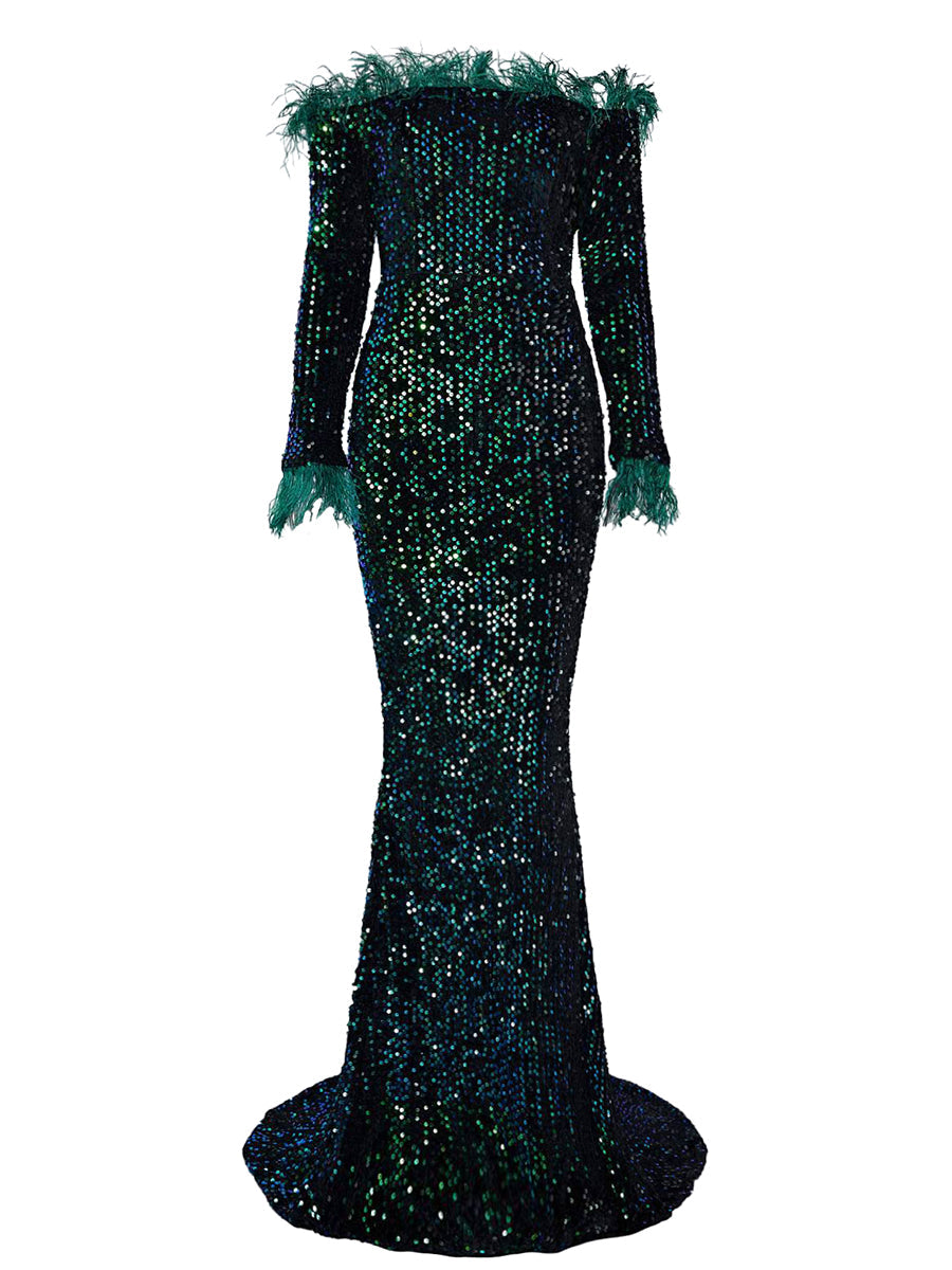 Off Shoulder Feather Sequin Evening Dress FT19005