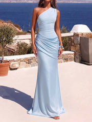 One Shoulder Ruched Maxi Evening Dress