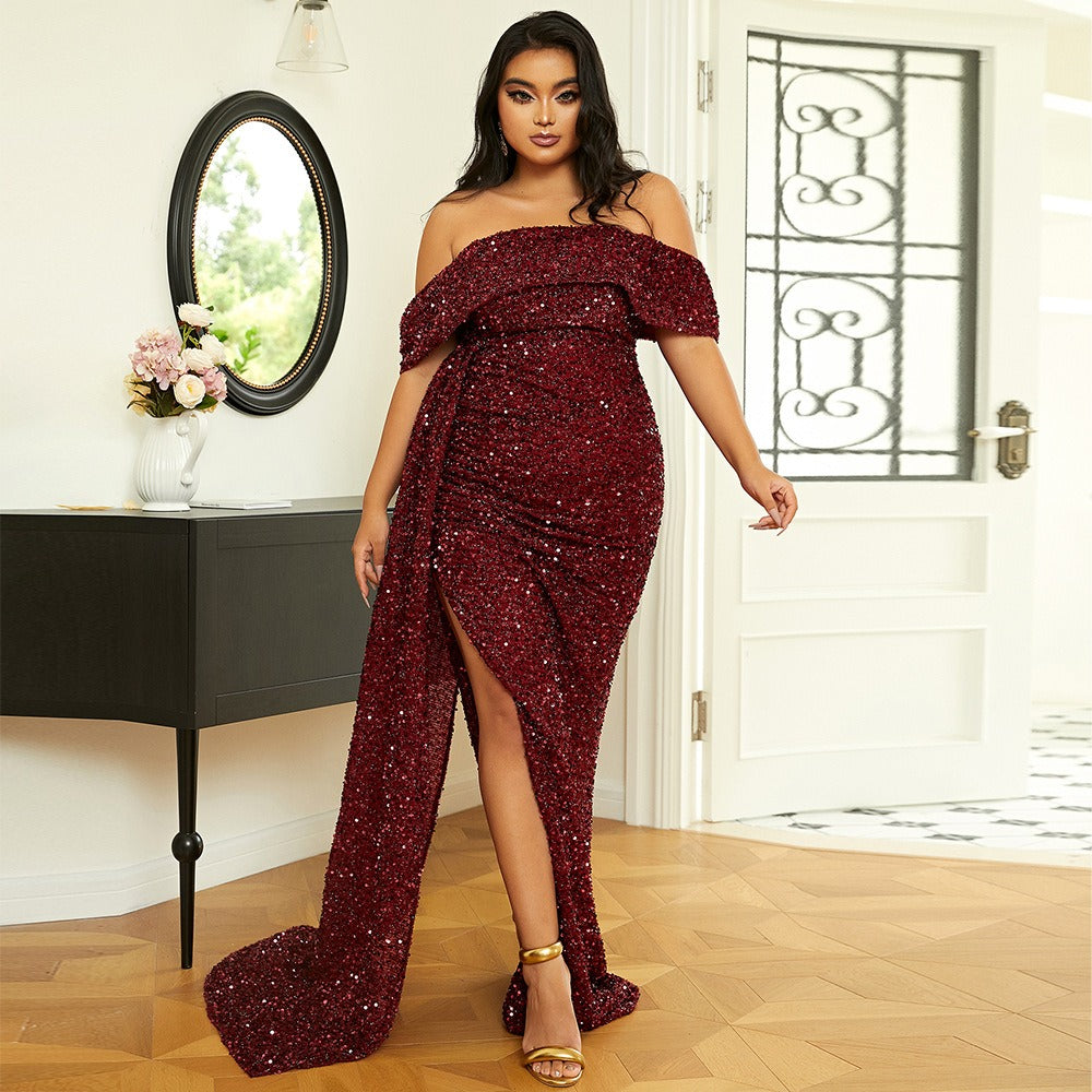 Plus Off Shoulder Draped Sequin Prom Dress PXH2132
