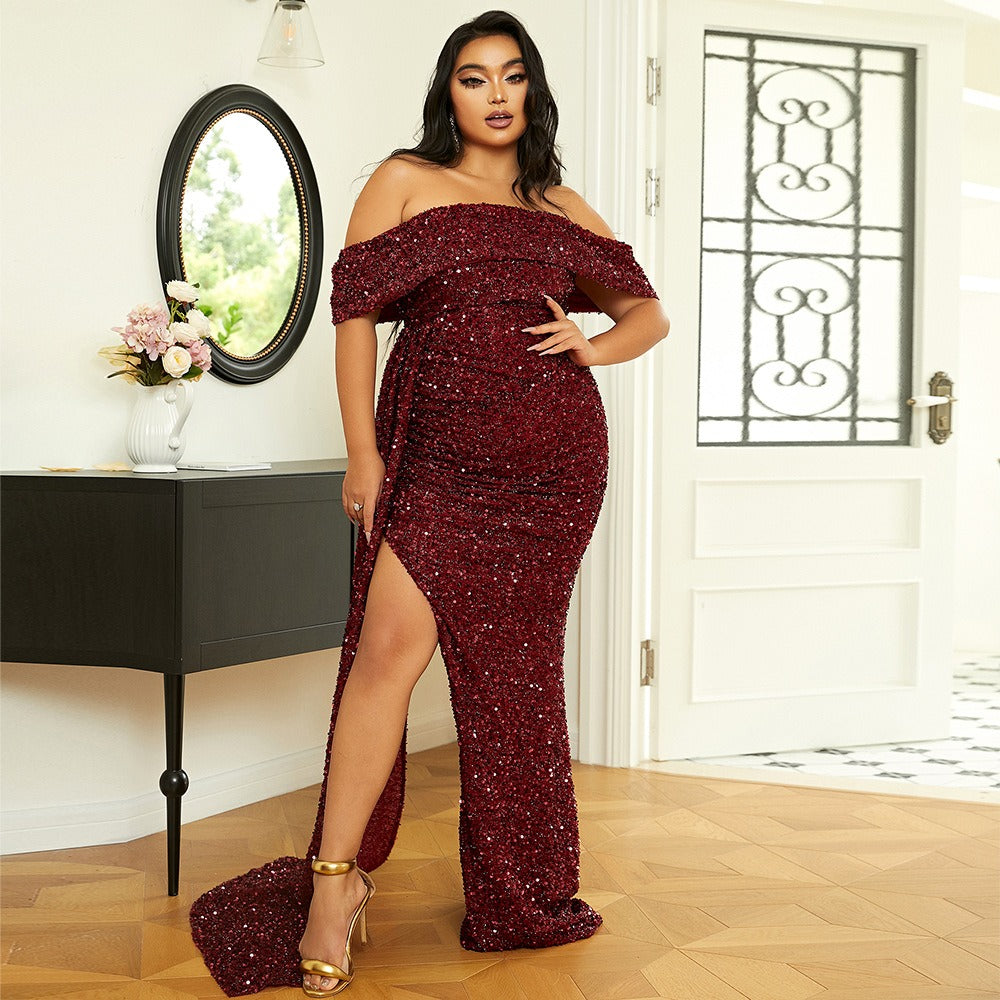 Plus Off Shoulder Draped Sequin Prom Dress PXH2132