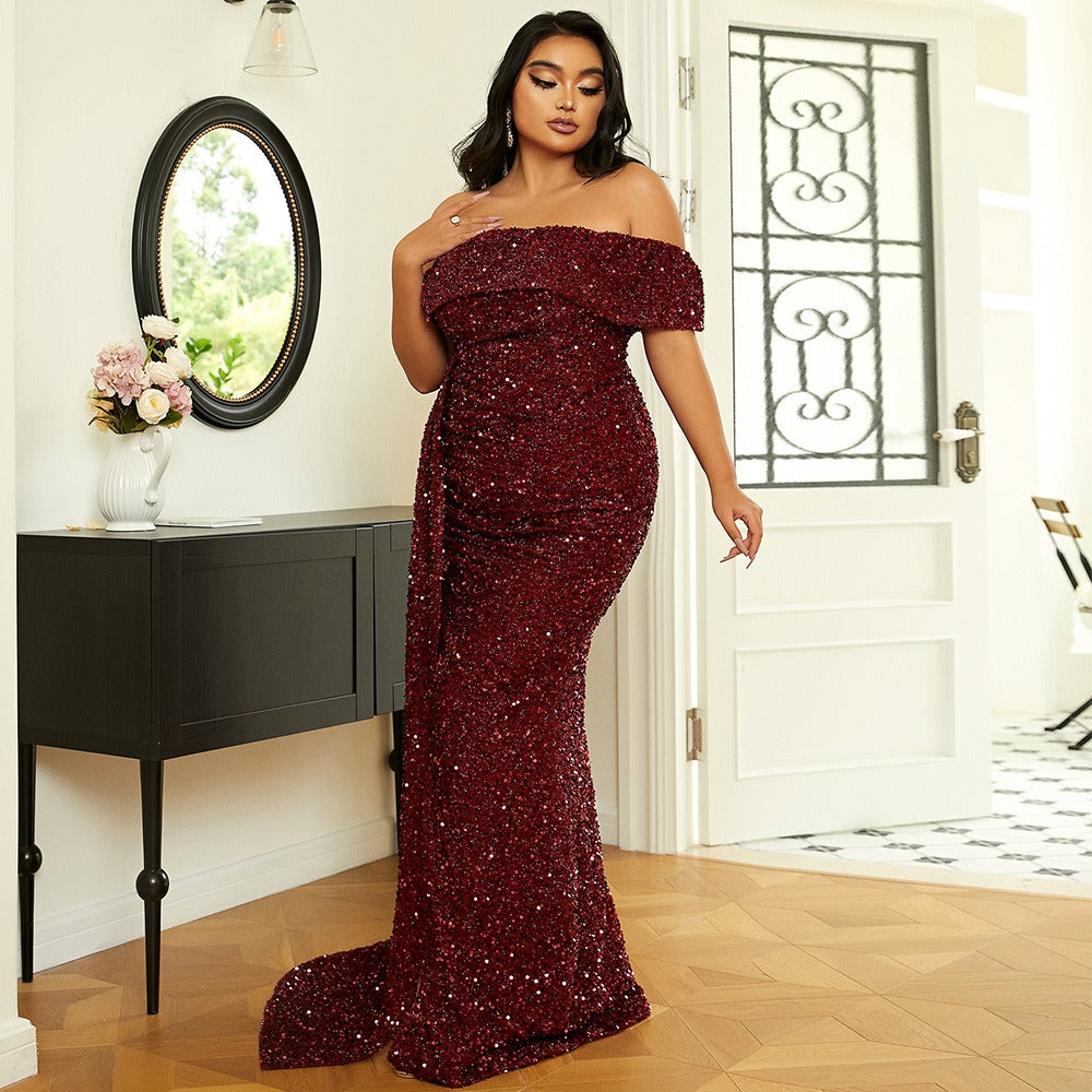 Plus Off Shoulder Draped Sequin Prom Dress PXH2132