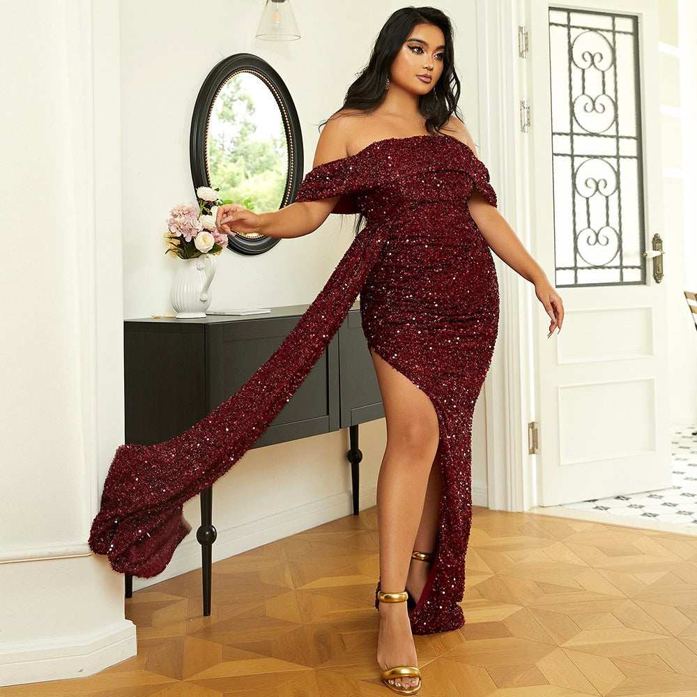 Plus Off Shoulder Draped Sequin Prom Dress PXH2132