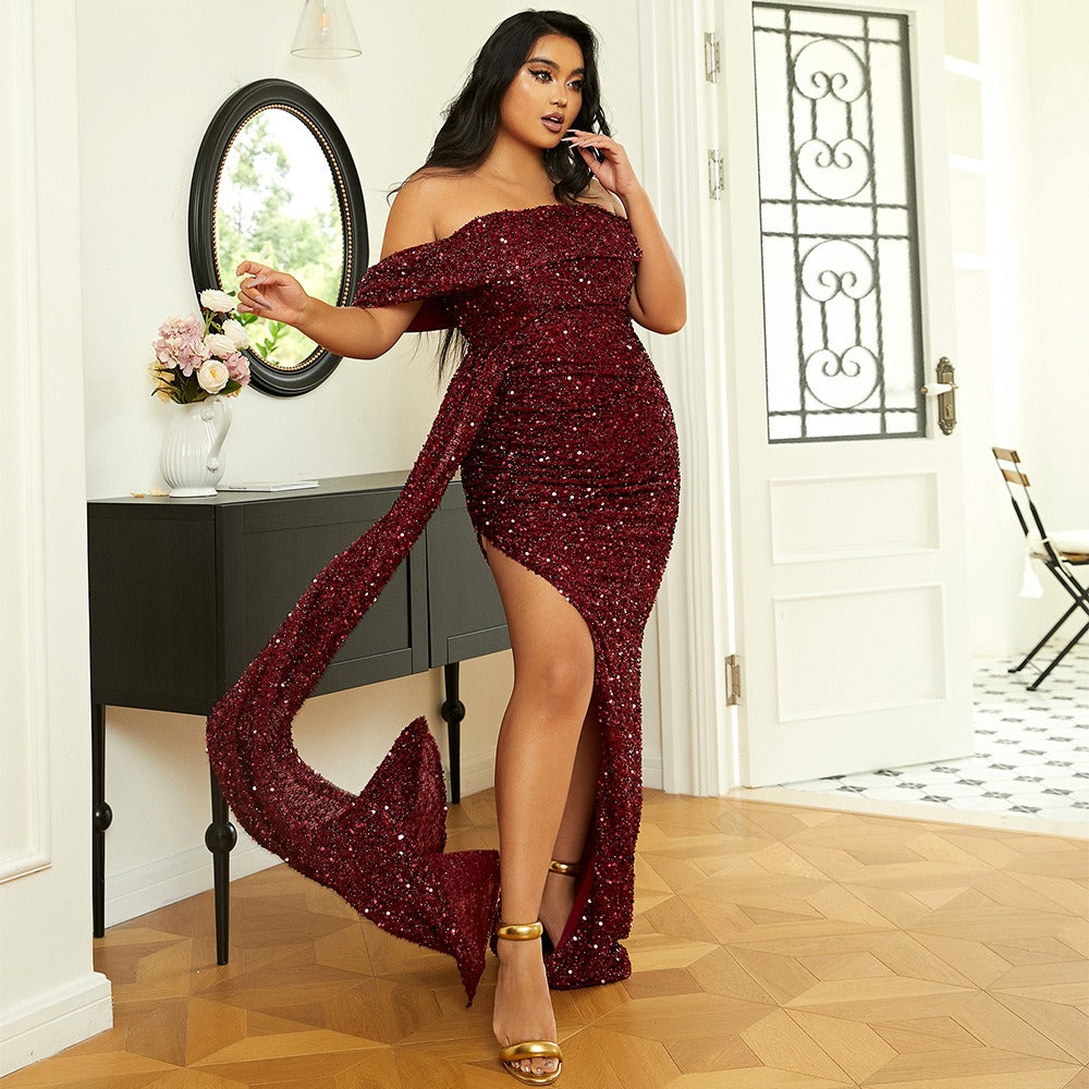 Plus Off Shoulder Draped Sequin Prom Dress PXH2132