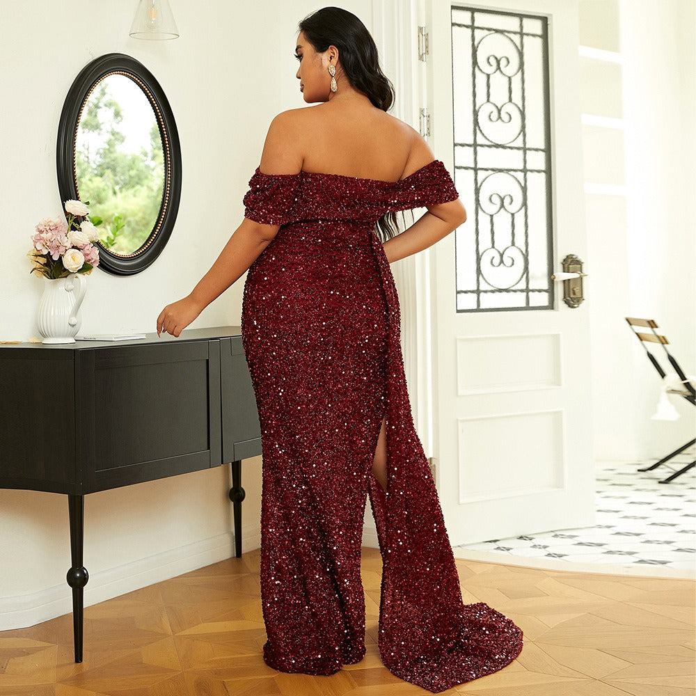 Plus Off Shoulder Draped Sequin Prom Dress PXH2132