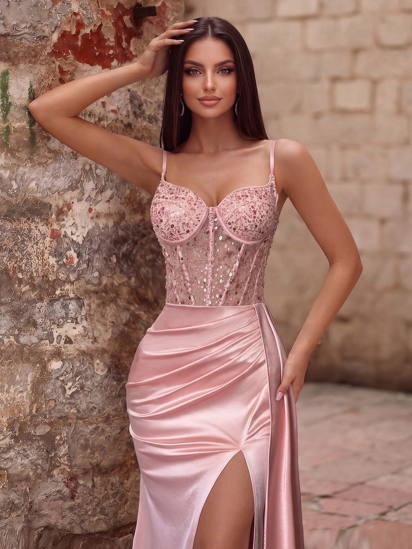Beaded Corset Ruched Satin High Slit Prom Dress
