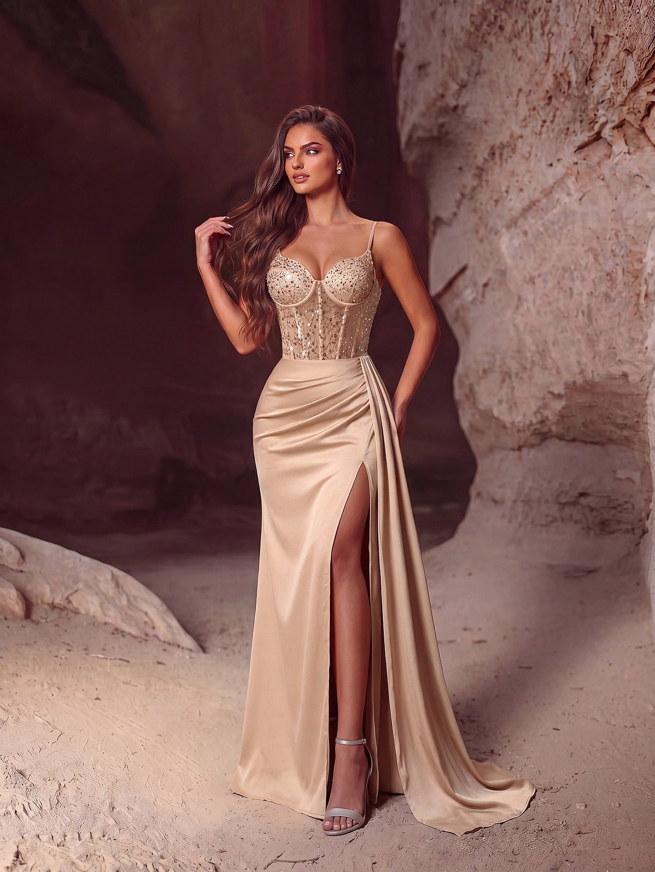 Beaded Corset Ruched Satin High Slit Prom Dress