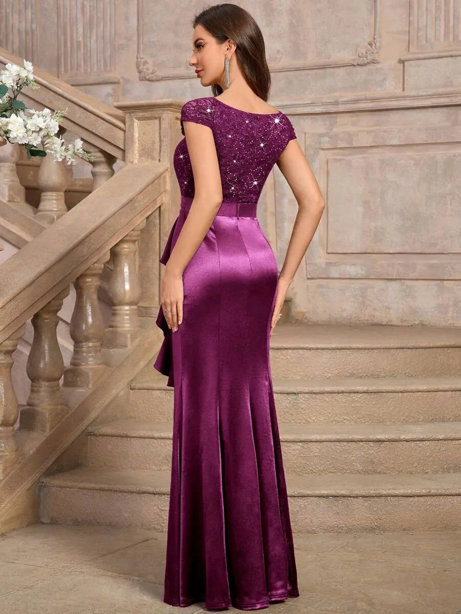 Sweetheart Sequin Lace Satin Mermaid High Slit Evening Dress
