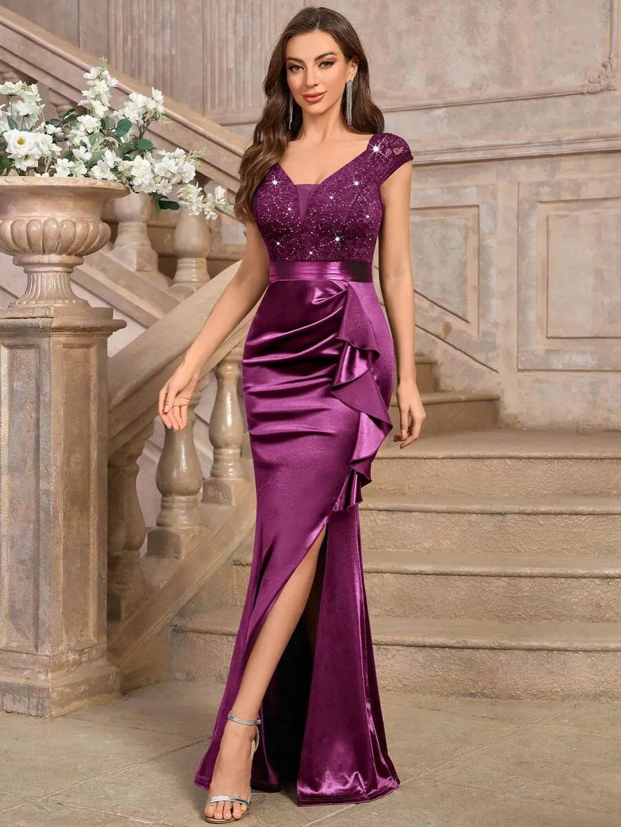Sweetheart Sequin Lace Satin Mermaid High Slit Evening Dress