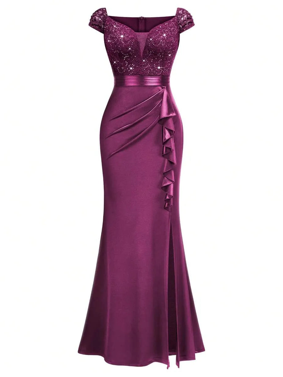 Sweetheart Sequin Lace Satin Mermaid High Slit Evening Dress