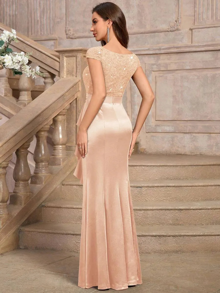 Sweetheart Sequin Lace Satin Mermaid High Slit Evening Dress