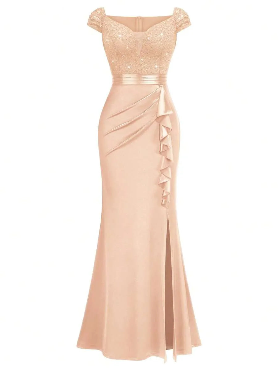 Sweetheart Sequin Lace Satin Mermaid High Slit Evening Dress