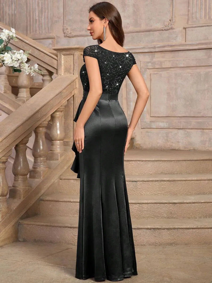 Sweetheart Sequin Lace Satin Mermaid High Slit Evening Dress