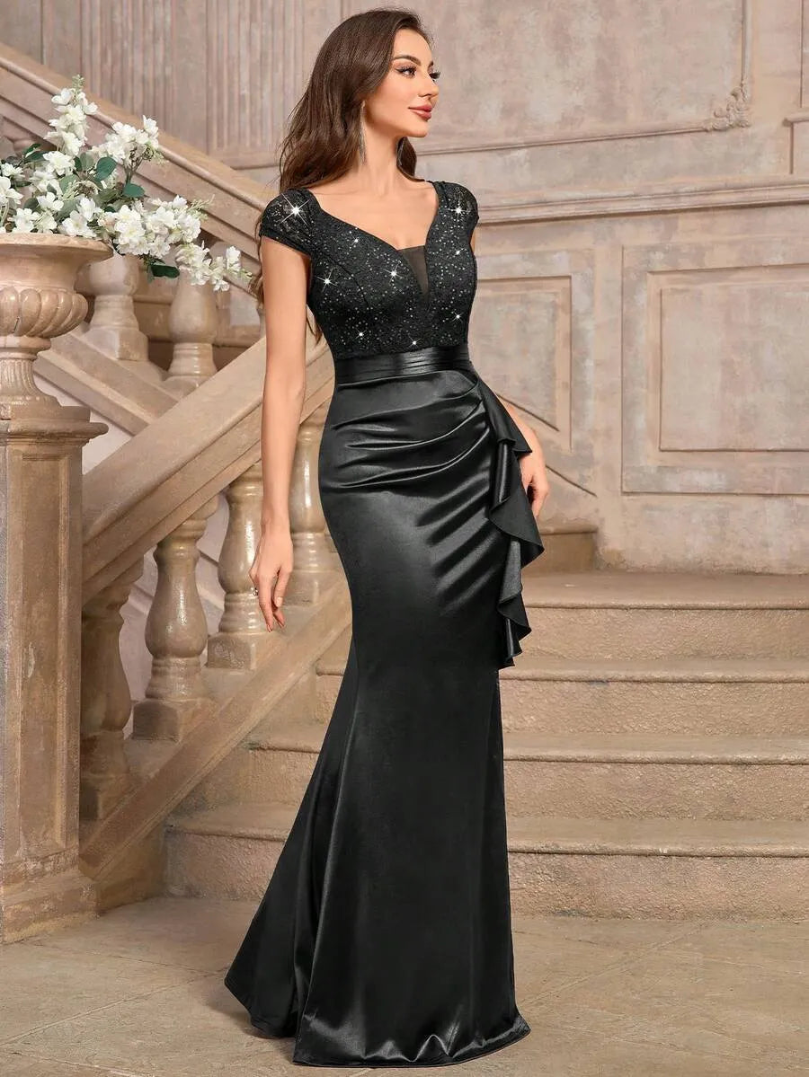 Sweetheart Sequin Lace Satin Mermaid High Slit Evening Dress