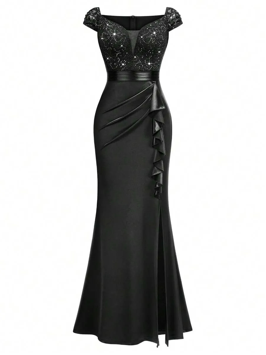 Sweetheart Sequin Lace Satin Mermaid High Slit Evening Dress