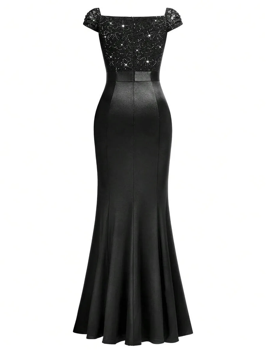 Sweetheart Sequin Lace Satin Mermaid High Slit Evening Dress