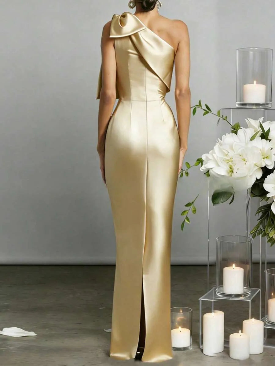 One Shoulder Bow Satin Mermaid Maxi Evening Dress