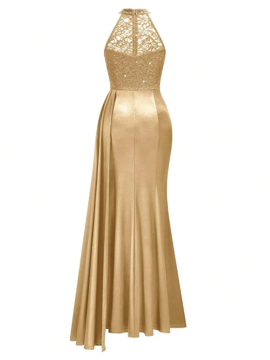Halter Neck Sequin Lace Satin Draped Side Slit Maxi Evening Dress