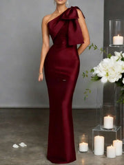 One Shoulder Bow Satin Mermaid Maxi Evening Dress