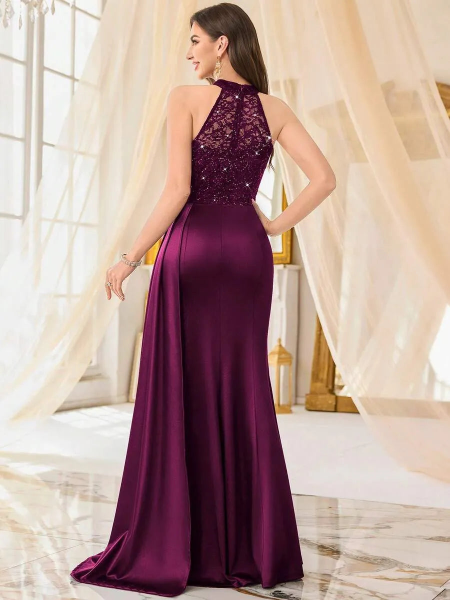 Halter Neck Sequin Lace Satin Draped Side Slit Maxi Evening Dress
