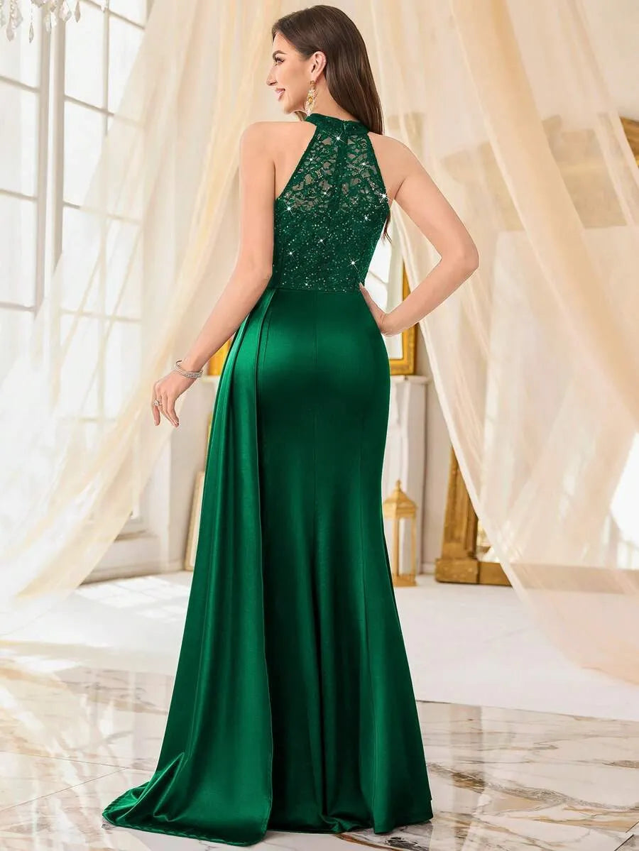 Halter Neck Sequin Lace Satin Draped Side Slit Maxi Evening Dress