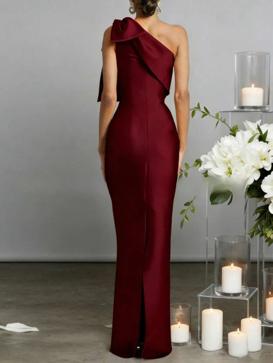 One Shoulder Bow Satin Mermaid Maxi Evening Dress