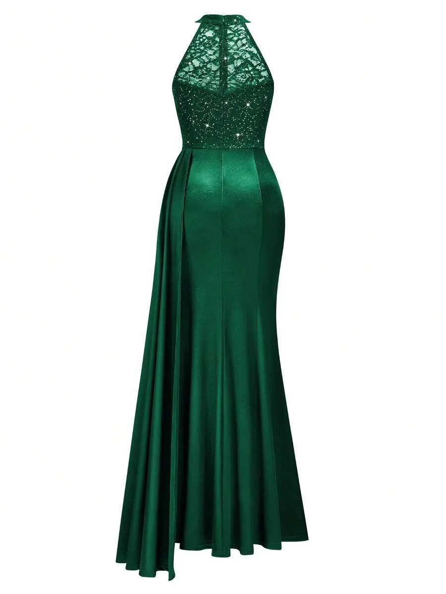 Halter Neck Sequin Lace Satin Draped Side Slit Maxi Evening Dress