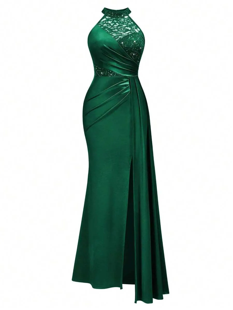 Halter Neck Sequin Lace Satin Draped Side Slit Maxi Evening Dress