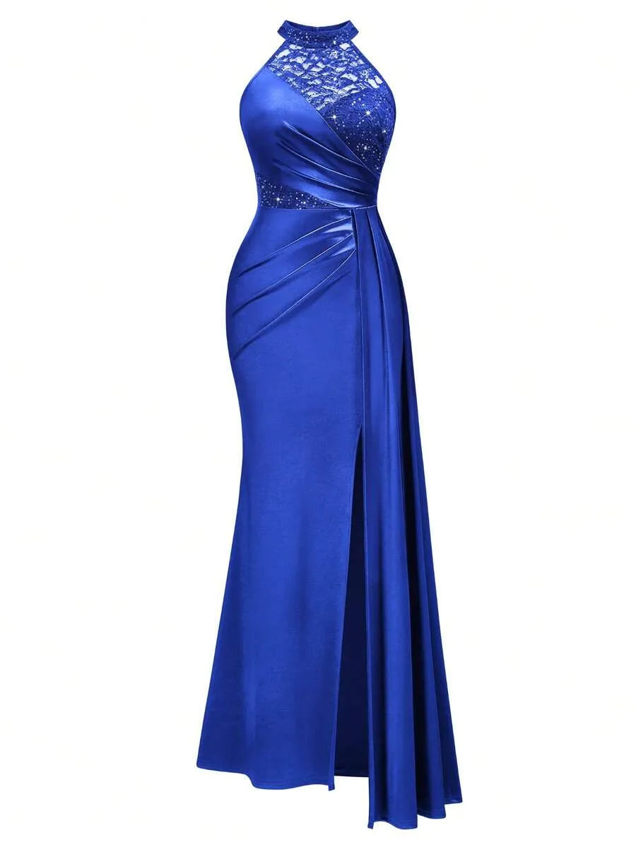 Halter Neck Sequin Lace Satin Draped Side Slit Maxi Evening Dress
