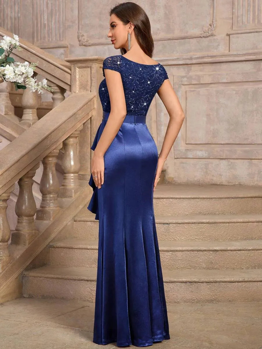 Sweetheart Sequin Lace Satin Mermaid High Slit Evening Dress